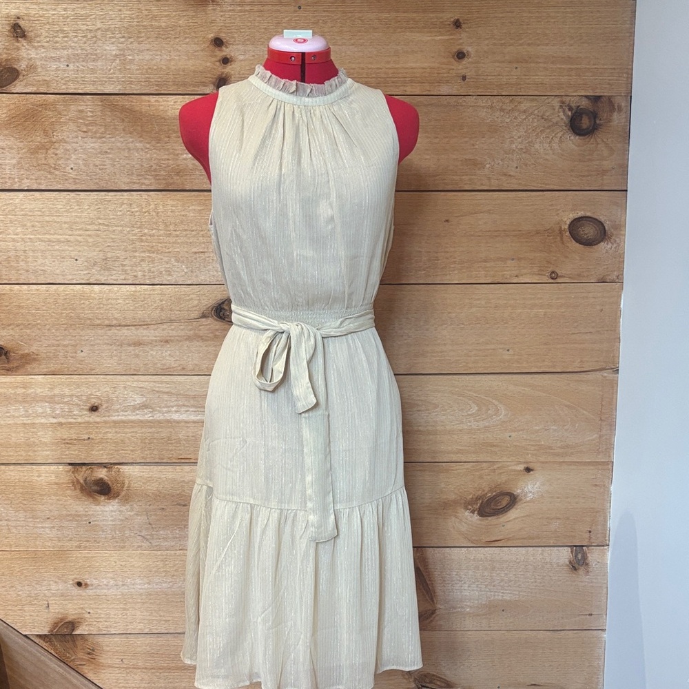 Ann Taylor Cream Sleeveless Midi Dress with Ruffle Neck and Tie Waist Belt